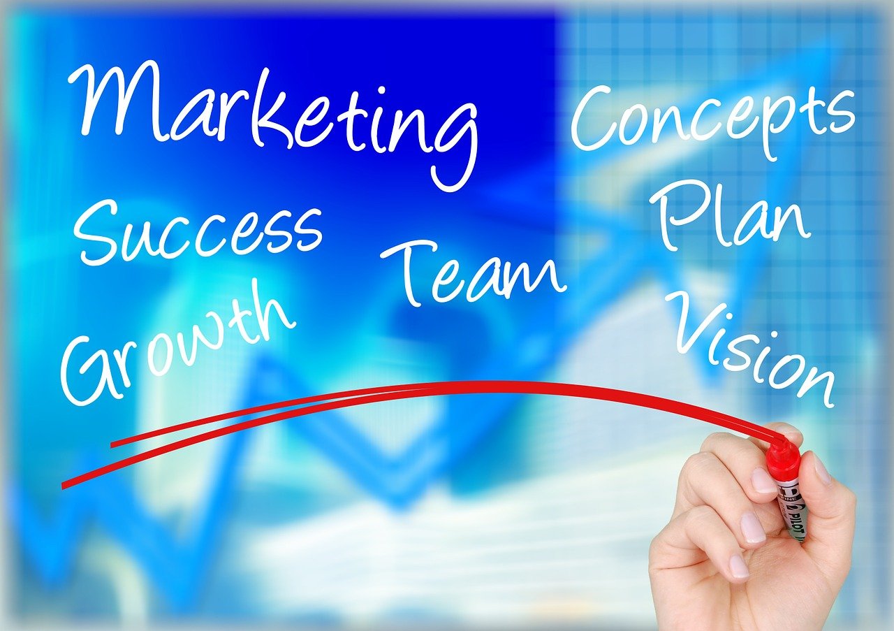 Hand with red marker on clear writing board with blue background. Terms, marketing, success, growth, team, plan, concepts and vision.